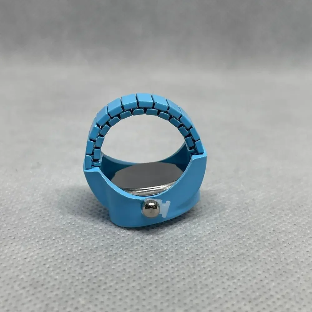 Retro Blue Enameled Stainless Steel Stretch Band Ring Watch With Rhinestones